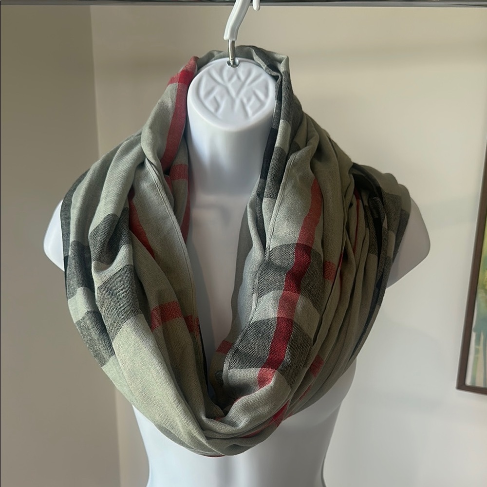 Plaid Infinity Scarf - Red Gray and Black plaid